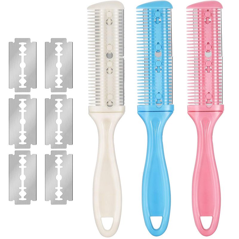 Hair Cutting Kit: Razor Comb, Double Edge Razors, Thinning Comb, and Scissors in White, Pink, Blue