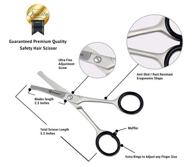 RUVANTI Round Headed Nose Hair Scissors/Safety Scissors for Kids &amp; Infants 5.2" Stainless Steel Baby Scissors/Baby Nail Scissors.Facial Hair Scissors/Beard Trimming Scissor/Mustache Scissor.