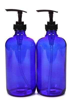 Vivaplex, 2, Large, 16 oz, Empty, Cobalt Blue Glass Bottles with Black Lotion Pumps