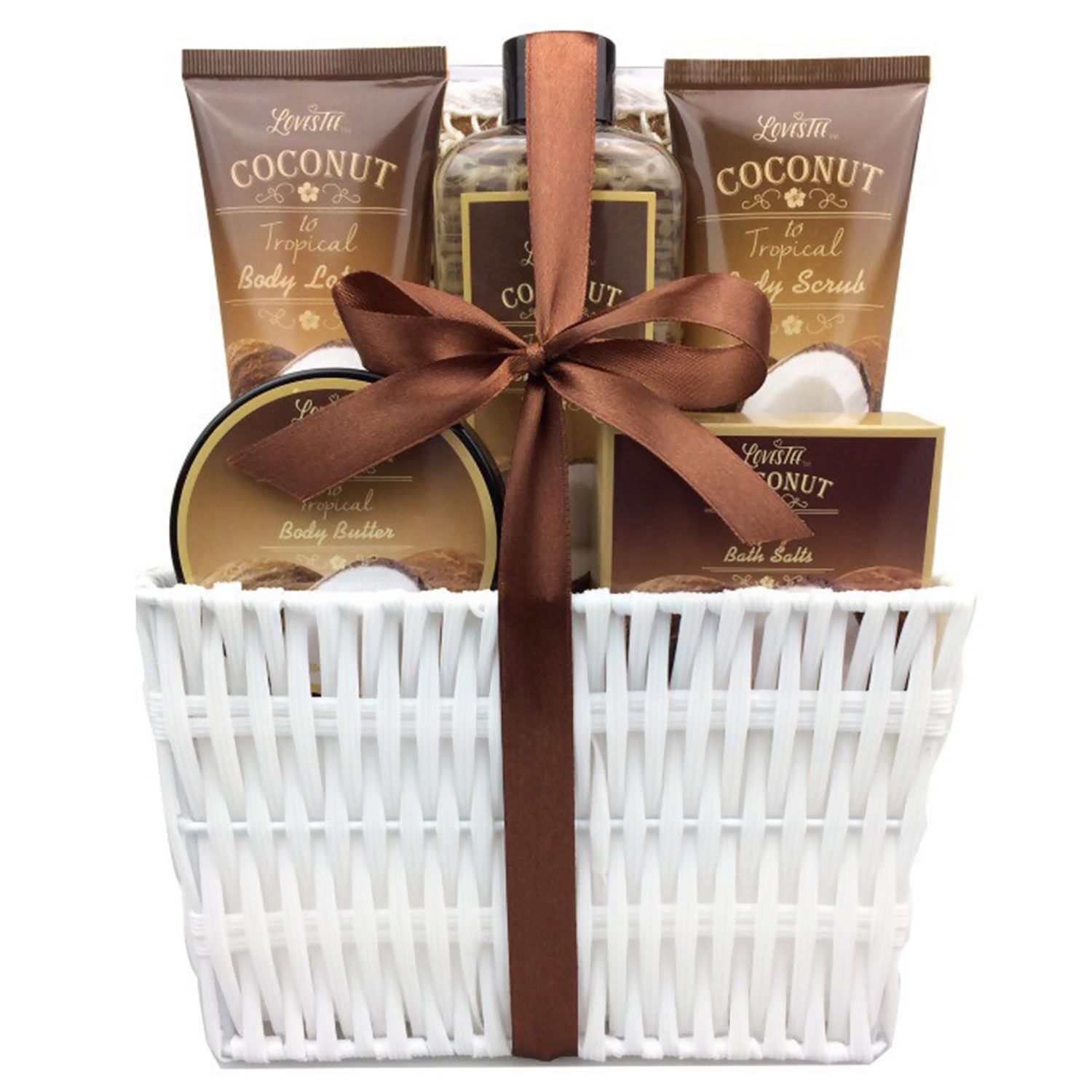 Valentines Day Spa Gift Baskets Bath and Body Set Refreshing Coconut Fragrance Lovestee - Bath and Body Gift Set Includes Shower Gel Body Lotion Body Scrub Body Butter Bath Salt and Loofah Scrubbed