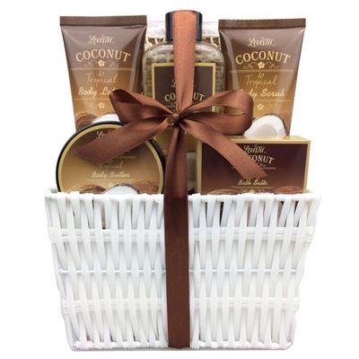 Valentines Day Spa Gift Baskets Bath and Body Set Refreshing Coconut Fragrance Lovestee - Bath and Body Gift Set Includes Shower Gel Body Lotion Body Scrub Body Butter Bath Salt and Loofah Scrubbed
