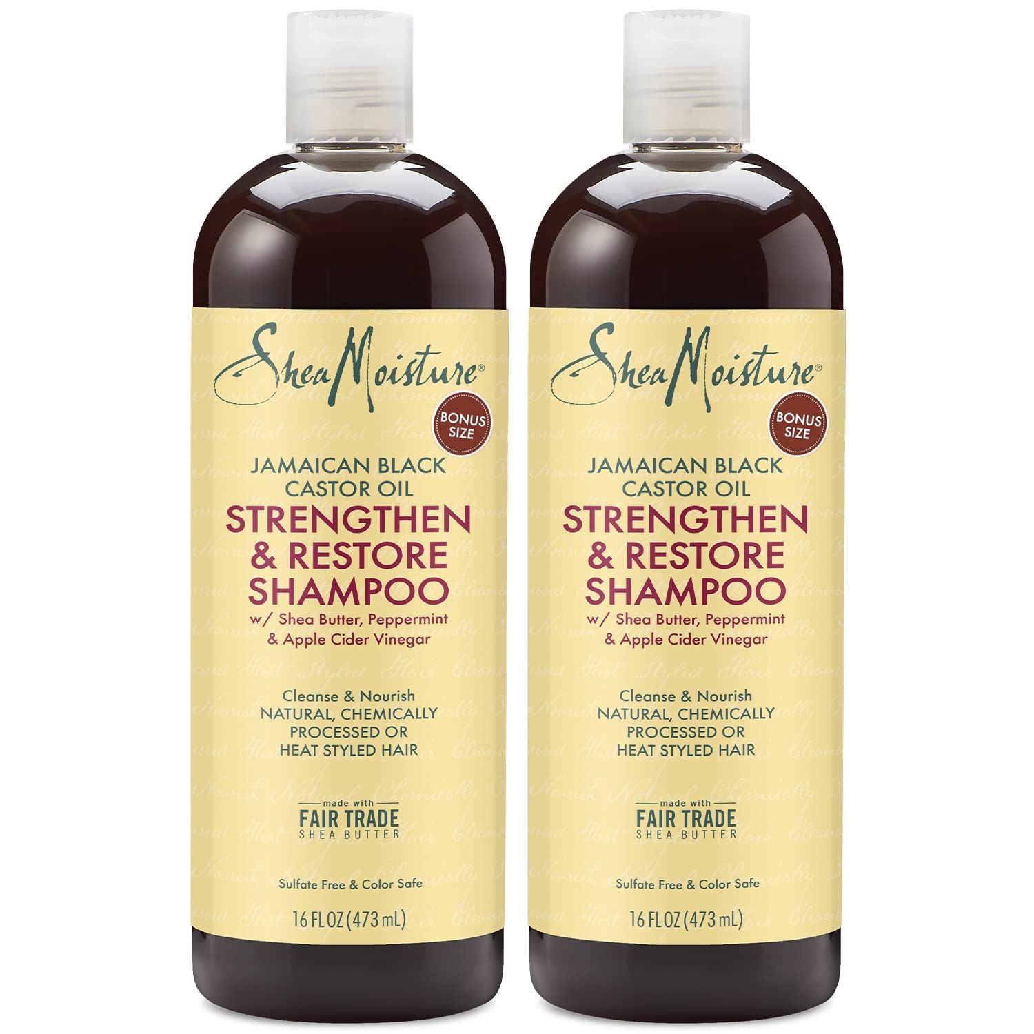 SheaMoisture Jamaican Black Castor Oil Strengthen &amp; Restore Shampoo, Shea Butter, Peppermint &amp; Apple Cider Vinegar, Sulfate Free, Chemically Processed Hair, Family Size (2 Pack -16 Fl Oz Ea)