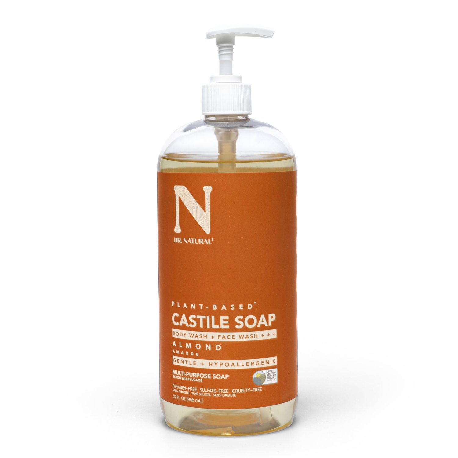 Dr. Natural Castile Liquid Soap - Multi-Use Body Wash, Shampoo and Face Wash - Hydrating Body Soap for Skin, Hair, Pets and Home - Almond - 32 oz