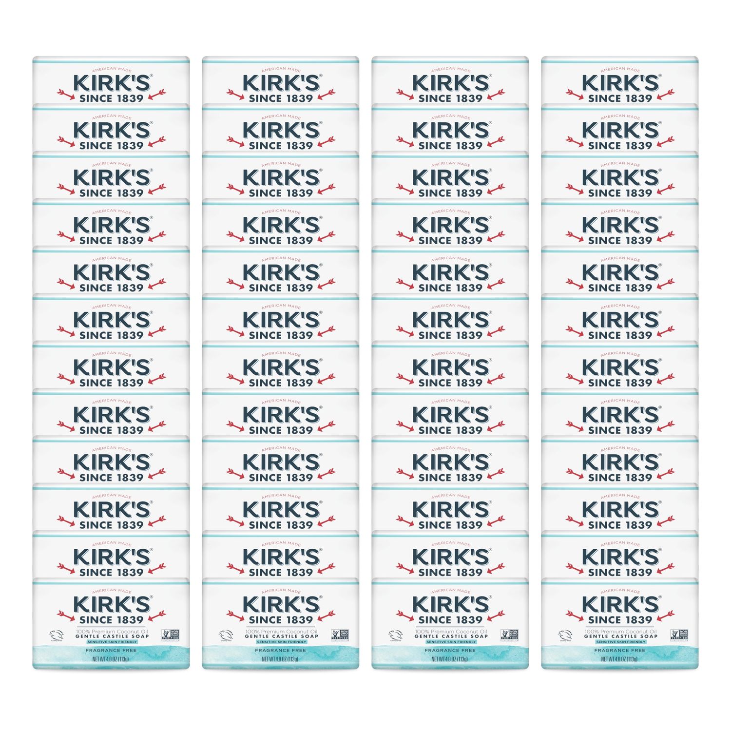 Kirk's Castile Bar Soap for Men, Women &amp; Children - Made with Premium Coconut Oil, Sensitive Skin Formula, Vegan, Non GMO, Fragrance Free, 4 oz. Bars, 48 Pack