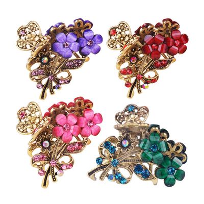 Numblartd 4 Pcs Vintage Flowers Medium Size Fancy Hair Claw Jaw Clips Pins with Rhinestone - Women Chic Metal Alloy Hair Clamp Hair Updo Grip Hair Accessories for Medium Hair