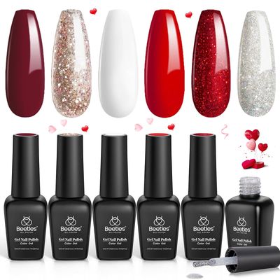 Beetles Red Gel Nail Polish, 6Pcs Candy Cane Gel Polish Glitter Burgundy Red Sparkle Gel Nail Kit White Silver Holiday Nail Gel, Soak off U v Nail Art Design Valentine&#39;s Day Gift for Women