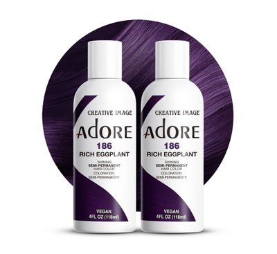 Adore Semi Permanent Hair Color - Vegan and Cruelty-Free Purple Hair Dye - 4 Fl Oz - 186 Rich Eggplant (Pack of 2)
