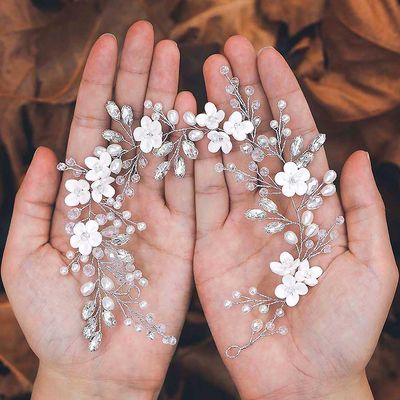 Casdre Flower Bride Wedding Headpiece Silver Crystal Bridal Headband Pearl Hair Accessories for Women and Girls