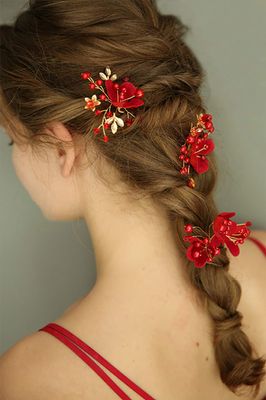 FXmimior Bridal Hair Accessory, Red Flower Hair Comb with Rhinestones and Pearls for Women, Bride, Prom, Party, Evening