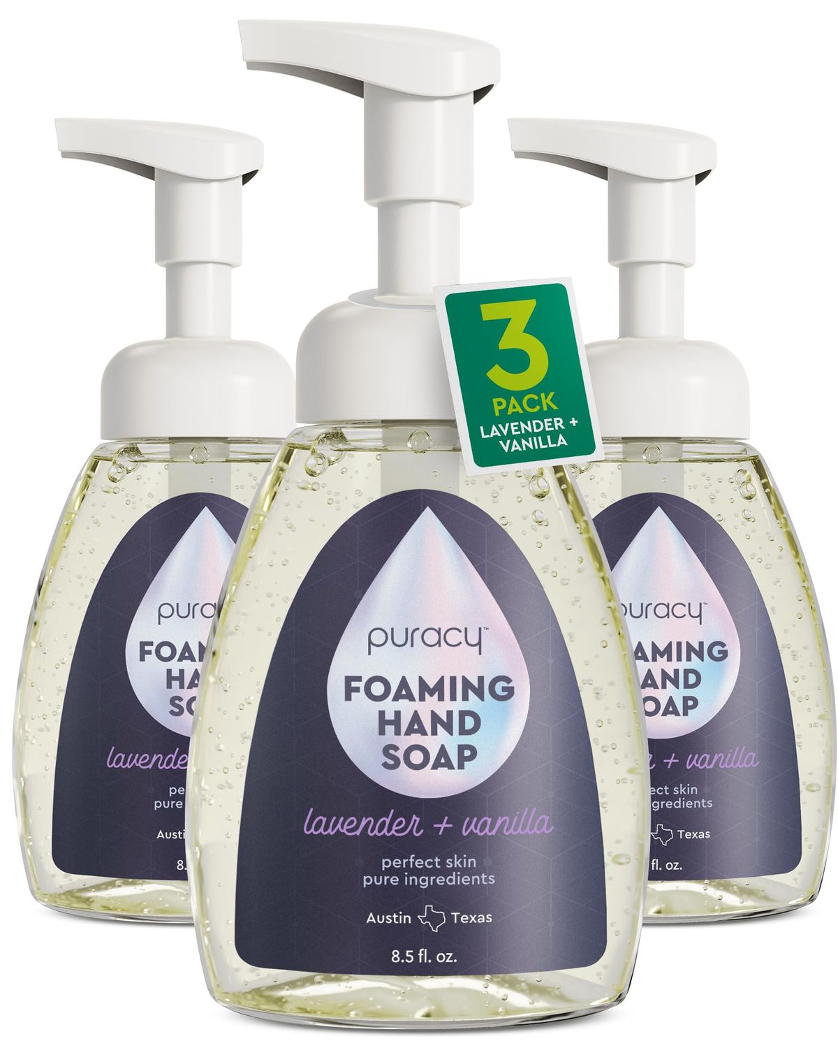 Puracy Foaming Hand Soap - Plant-Powered Natural Hand Soap As Seen on TikTok, Non-Toxic, Sulfate-Free Liquid Soap, Moisturizing Foam Handwash Liquid (Lavender &amp; Vanilla, 12 fl oz, 3-Pack)