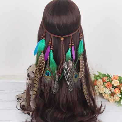 Set of 2 Bohemian Peacock Feather Headband Headdress and Armband Hippie Headwear Headpiece Handmade Tribal Indian Fascinator Feather Hairband Hair Accessories for Women Lady (C#)