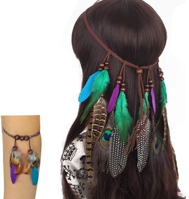 Set of 2 Bohemian Peacock Feather Headband Headdress and Armband Hippie Headwear Headpiece Handmade Tribal Indian Fascinator Feather Hairband Hair Accessories for Women Lady (C#)