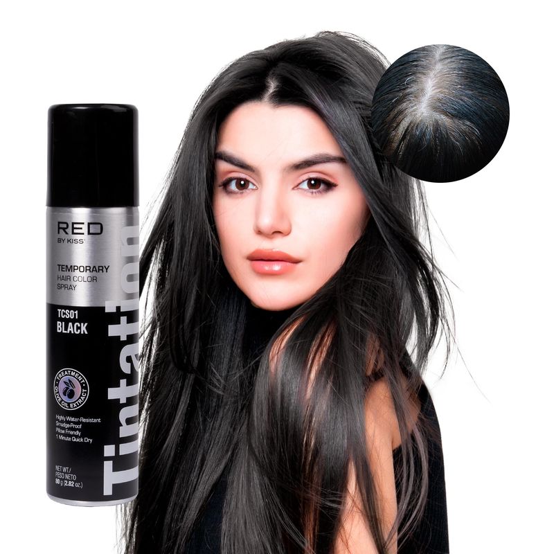 RED by Kiss Tintation Temporary Hair Color Spray, Instant Gray Root Cover Up, Water-Resistant, Smudge-Proof, Easy Wash Out, Hairline &amp; Barber Touch-Up, Quick Dry (Black)