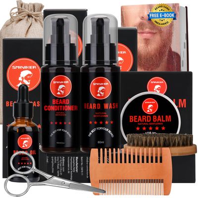 SMINIKER Beard Grooming Kit, Beard Oil, Beard Balm, Beard Shampoo, Beard Conditioner, Beard Brush, Beard Comb and Beard Mustache Scissors Beard Care Unique Gifts for Men Beard Growth &amp; Trimming Kit