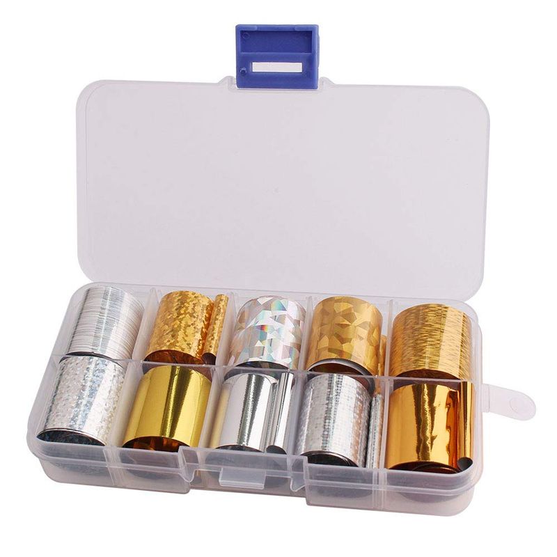 WOKOTO 10 Rolls Gold And Sliver Foil Nail Art Adhesive Stickers Starry Sky Laser Nail Transfer Wraps Decals Manicure Decoration (0.98inchs*39.4inchs)