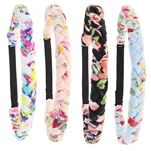 FROG SAC 4 Floral Headbands for Girls, Adjustable Braided Hairband Hair Accessories for Women, Teen Girl Cloth Fabric Head Bands, Kids Flower Braid Hairbands, Tween Easter Basket Stuffers