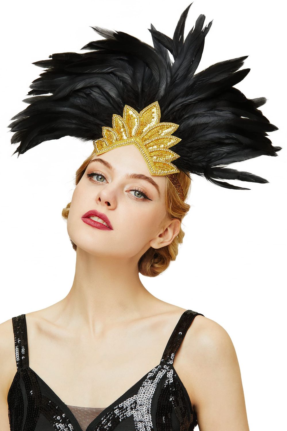 BABEYOND Carnival Feather Headpiece Showgirl Headband Women&#39;s Feather Pageant Headband 1920s Flapper Headband (Gold Crystal)