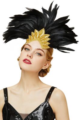 BABEYOND Carnival Feather Headpiece Showgirl Headband Women&#39;s Feather Pageant Headband 1920s Flapper Headband (Gold Crystal)