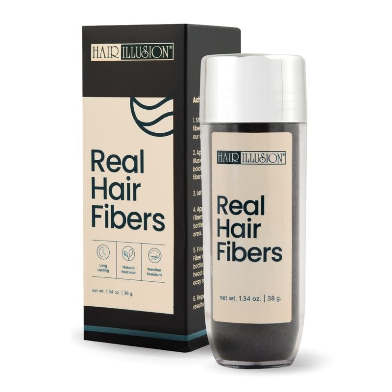 Hair Illusion Black Real Hair Fibers for Thinning Hair - 100% Natural Texture, Non Synthetic Hair Fibers - Bald Spot Cover Up for Women &amp; Men - 38 Gram