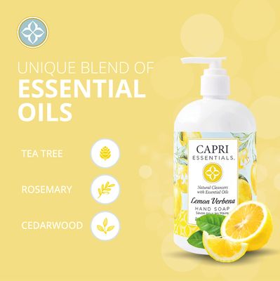 CAPRI ESSENTIALS Lemon Verbena Natural Hand Soap - Liquid Hand Soap with Essential Oils - Plant-Based Liquid Soap - Chemical-Free Hand Wash Soap - Relaxing Natural Soap for Men & Women (16 oz)