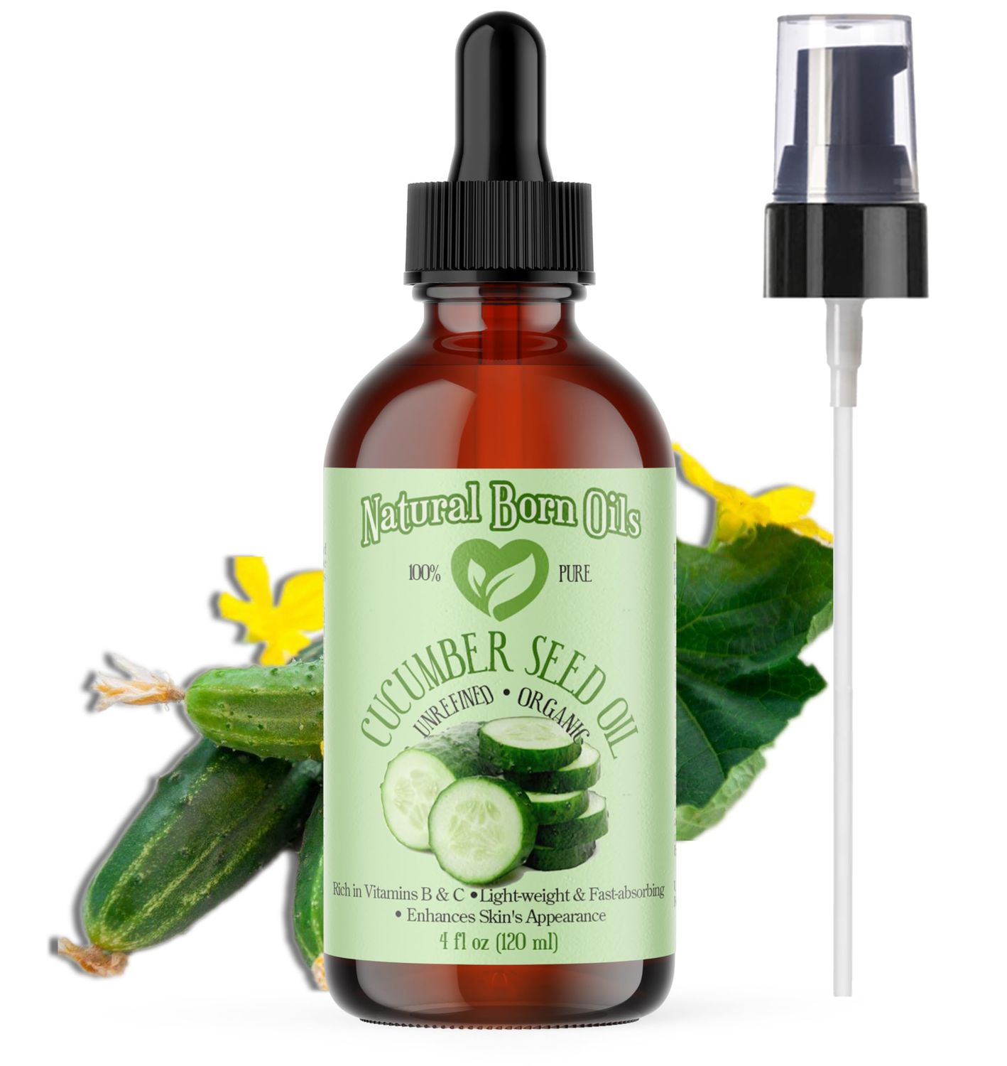 Natural Born Oils Cucumber Seed Oil. 4oz. 100% Pure and Natural, Organic, Cold-pressed, Unrefined, Moisturizer for Skin and Hair
