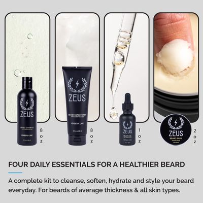 ZEUS Everyday Beard Kit with Tin Gift Box - Beard Wash Shampoo &amp; Conditioner, Natural Beard Oil, Beard Balm &amp; Tin Box (Verbena Lime)