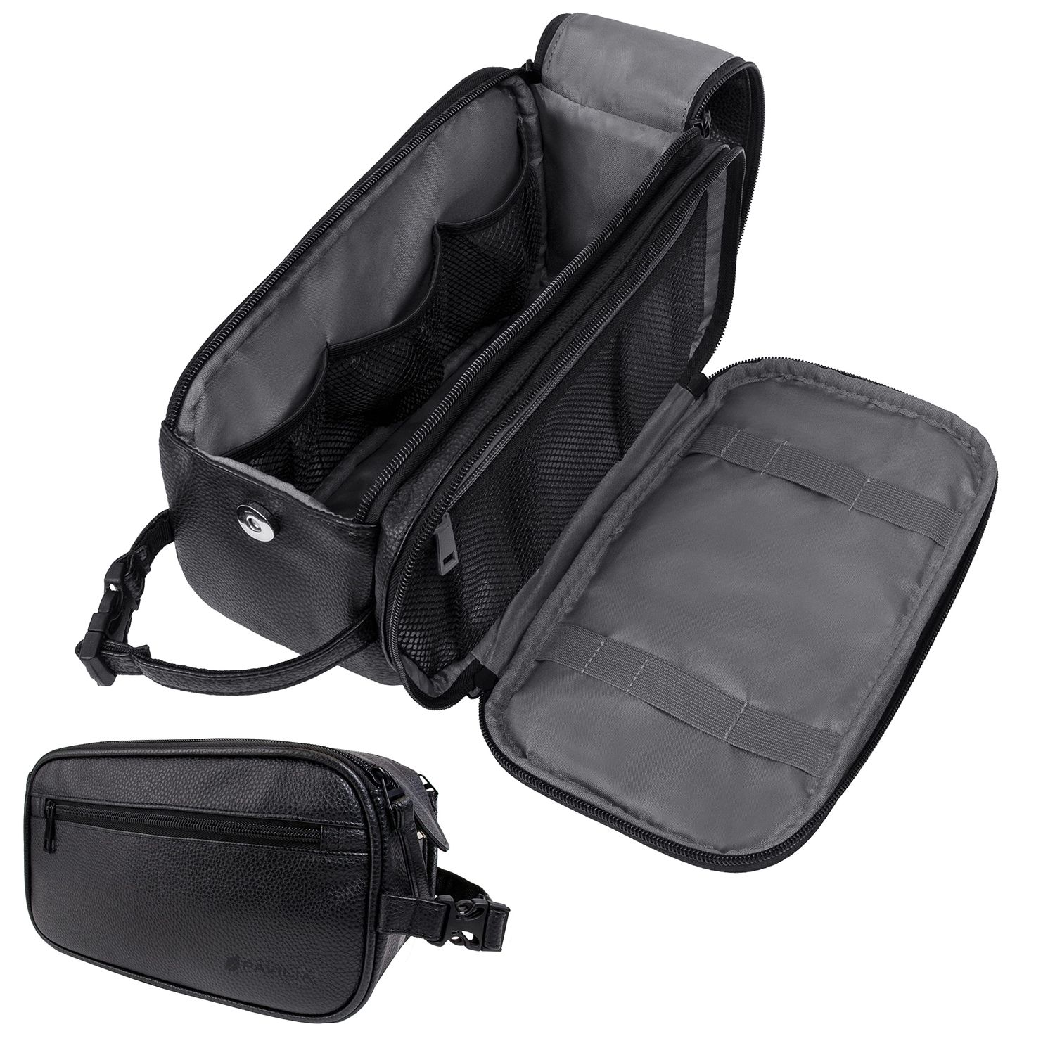 PAVILIA Toiletry Bag for Men, Travel Essentials Shaving Dopp Kit, Mens Travel Bag Toiletries Organizer Case for Grooming, PU Leather Water Resistant Cosmetic Bag Pouch (Black)