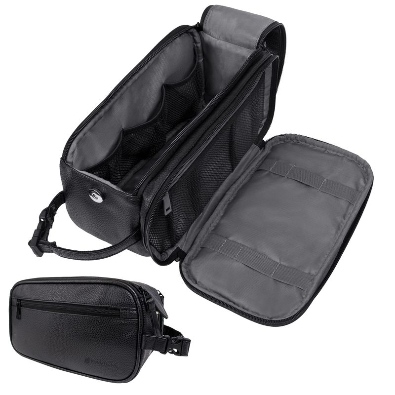 PAVILIA Toiletry Bag for Men, Travel Essentials Shaving Dopp Kit, Mens Travel Bag Toiletries Organizer Case for Grooming, PU Leather Water Resistant Cosmetic Bag Pouch (Black)