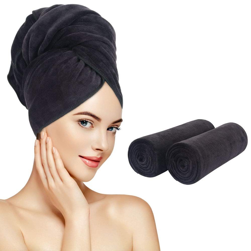 SUNLAND Microfiber Hair Towels Anti Frizz Hair Drying Towel Super Absorbent Fast Drying Turbans for Wet and Curly Soft Head Towel Wrap with Elastic Band 40 X 20 inches 2Pack Black