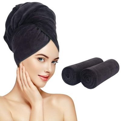 SUNLAND Microfiber Hair Towels Anti Frizz Hair Drying Towel Super Absorbent Fast Drying Turbans for Wet and Curly Soft Head Towel Wrap with Elastic Band 40 X 20 inches 2Pack Black