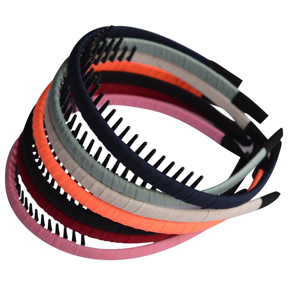 Bzybel Women Decorative Skinny Solid Fabric Ribbon Headbands Plastic Thin Hair Bands Hair Comb Elastic Bands Hair Ponytail Accessories with Teeth for Lady Girls Thick Fine Hair
