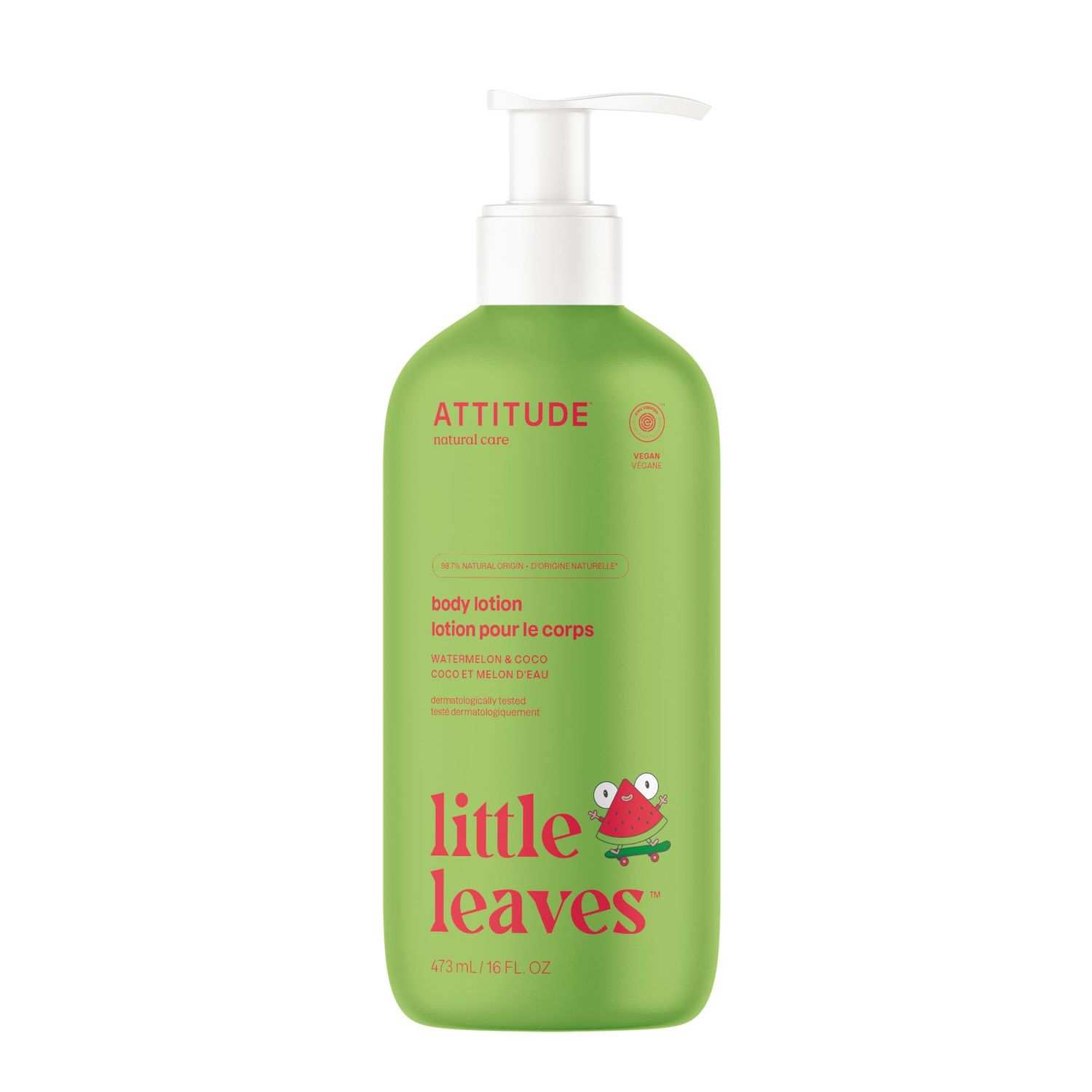 ATTITUDE Body Lotion for Kids, EWG Verifed Moisturizer, Dermatologically Tested, Plant and Mineral Based Cream, Vegan, Watermelon &amp; Coco, 16 Fl Oz