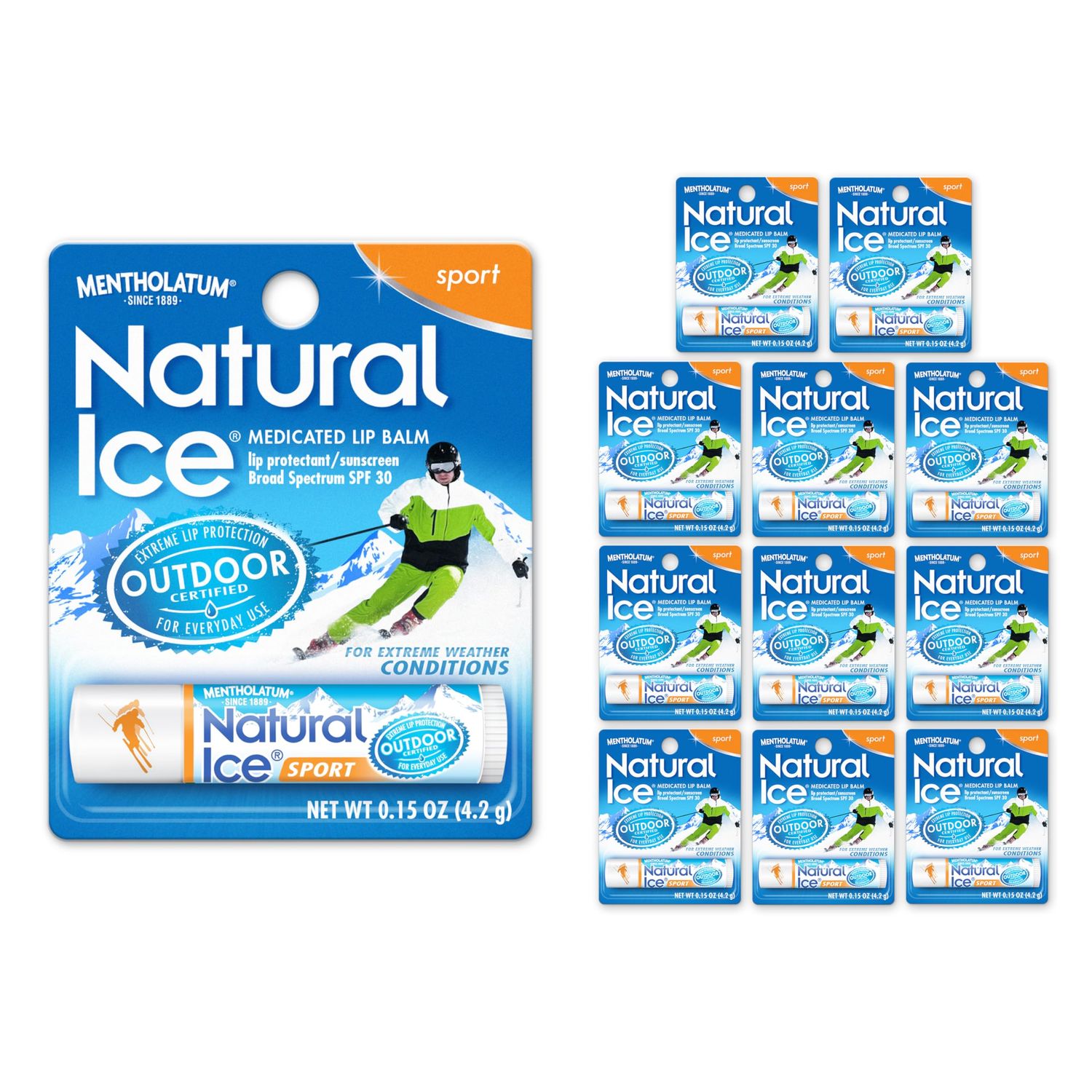 Mentholatum (R) Natural Ice (R) Sport Broad Spectrum SPF 30 Medicated Lip Balm - 12 Pack of 4.2 g Tubes