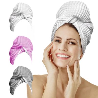 Microfiber Hair Towel Wrap for Women - Extra Large 45 x 25&quot; Hair Towels for Long Hair - Anti Frizz Breathable Quick Dry Towel for Wet, Curly, Straight, with Elastic Loop - Waffle Knit Towels - White