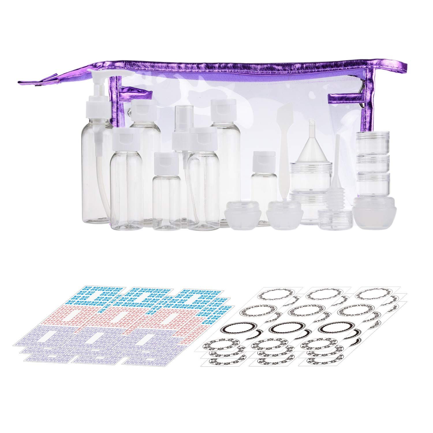 Travel Bottle Set - Refillable - TSA/Airline Approved - 8 Bottles and 9 Jars - 3 Tools (Pipette, Funnel and Mini Spatula) - for Downsized Portions of Your Favorite Cosmetics, Lotions and Creams
