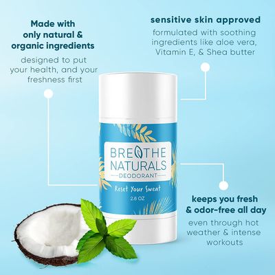 Breathe Naturals | Natural Deodorant for Women, Men and Kids, 24 Hour Odor Protection, Aluminum Free, Safe for Sensitive Skin | Cooling CocoMint