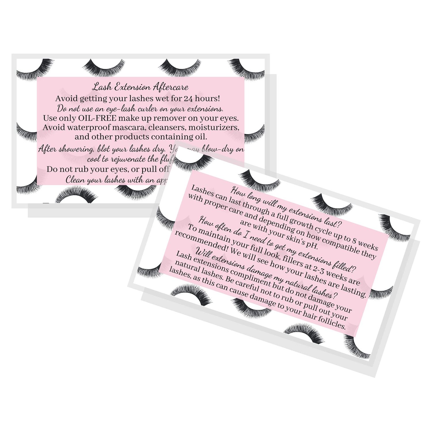 Lash Extension Aftercare Cards | 50 Pack | Eyelash Extension Supplies | Lash Print &amp; Pink Design | Size 3.5 x 2&quot; inches | After Care (2-3 Week Fillers)