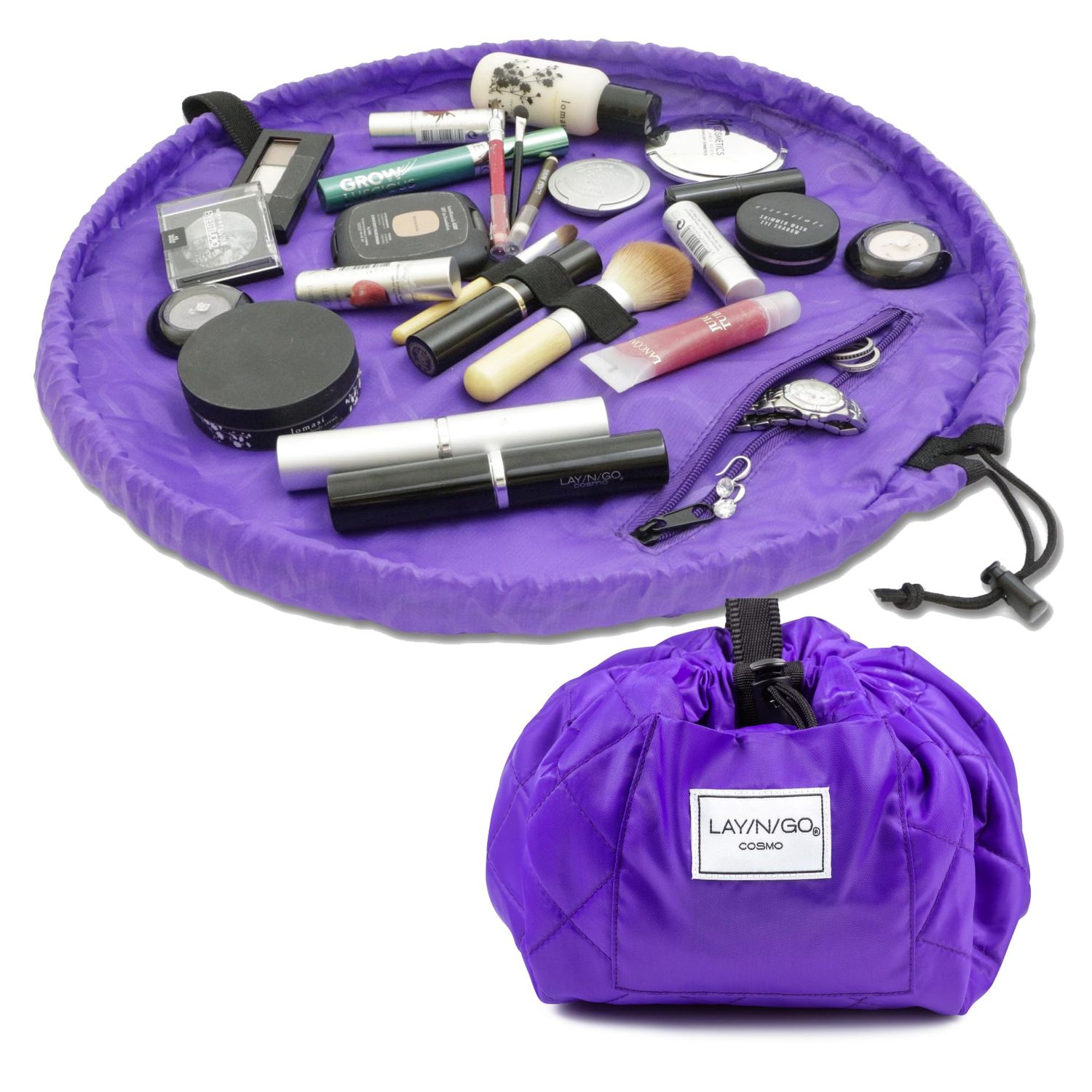 Lay-n-Go Cosmo Drawstring Makeup Bag Organizer, Water-Resistant Cosmetic Pouch for Travel, Stylish &amp; Durable Toiletry Bag, Machine Washable, Large Capacity, 20-Inch, Purple