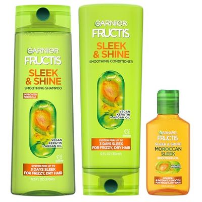 Garnier Fructis Sleek &amp; Shine Shampoo, Conditioner + Moroccan Sleek Oil Set for Frizzy, Dry Hair, Argan Oil (3 Items), 1 Kit (Packaging May Vary)