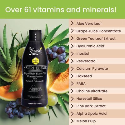 Nzuri Elixir Hair Skin and Nails Vitamins for Women and Men with Biotin, Folate, and Vitamin D for Daily Growth Supplement to Reducing Dryness, Thinning, and Loss, 32 oz.