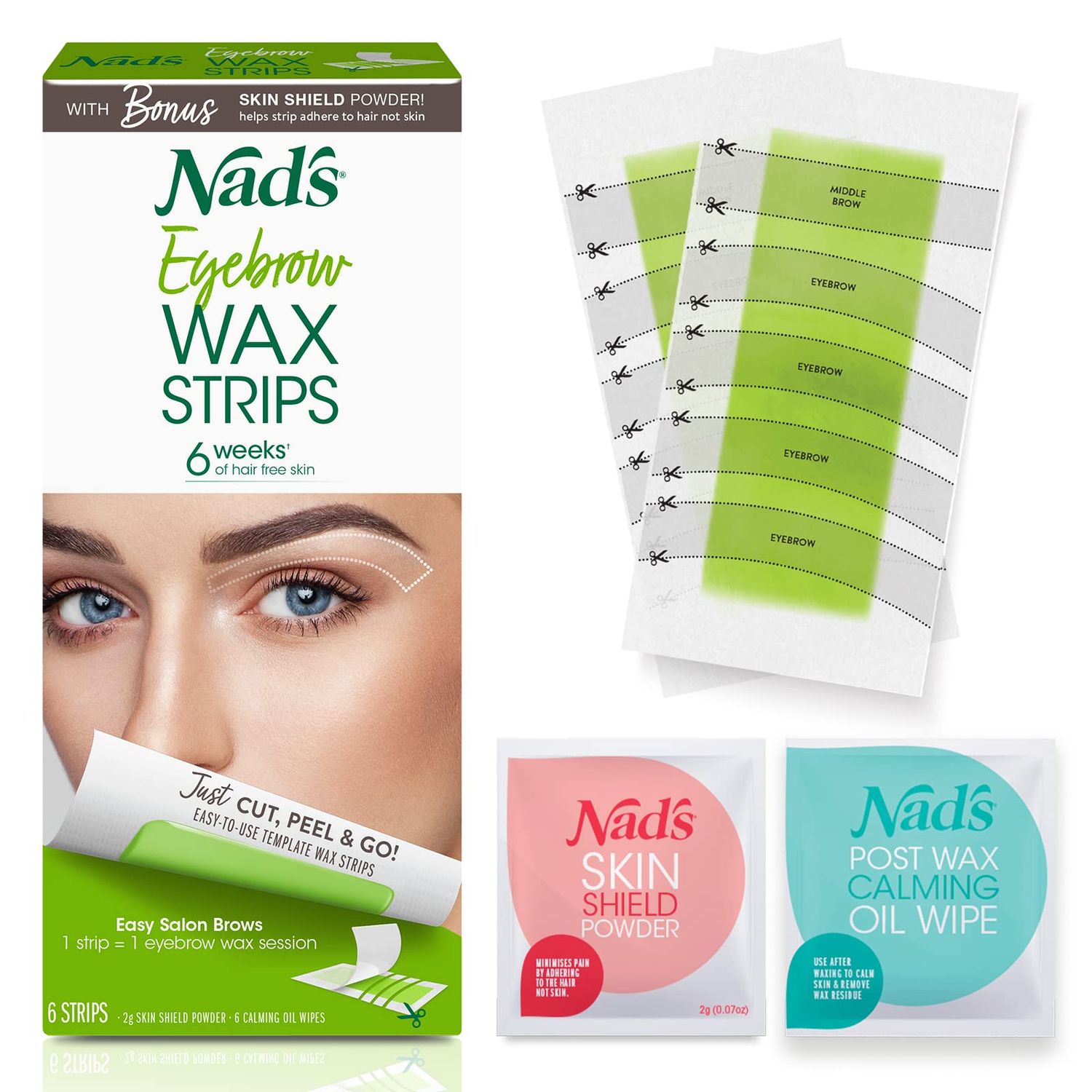 Nad&#39;s Eyebrow Wax Strips - Facial Hair Removal for Women - Eyebrow Wax Kit with 6 Eyebrow Waxing Strips + 6 Calming Oil Wipes + 2g Skin Protection Powder, 1 Count