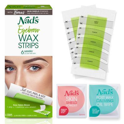 Nad&#39;s Eyebrow Wax Strips - Facial Hair Removal for Women - Eyebrow Wax Kit with 6 Eyebrow Waxing Strips + 6 Calming Oil Wipes + 2g Skin Protection Powder, 1 Count