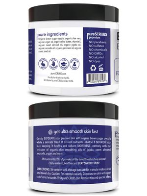 pureSCRUBS Premium Unscented Brown Sugar Body Scrub | Large 16oz Jar | Face, Feet &amp; Full Body Scrub | Includes Wooden Spoon, Loofah &amp; Mini Exfoliating Bar Soap