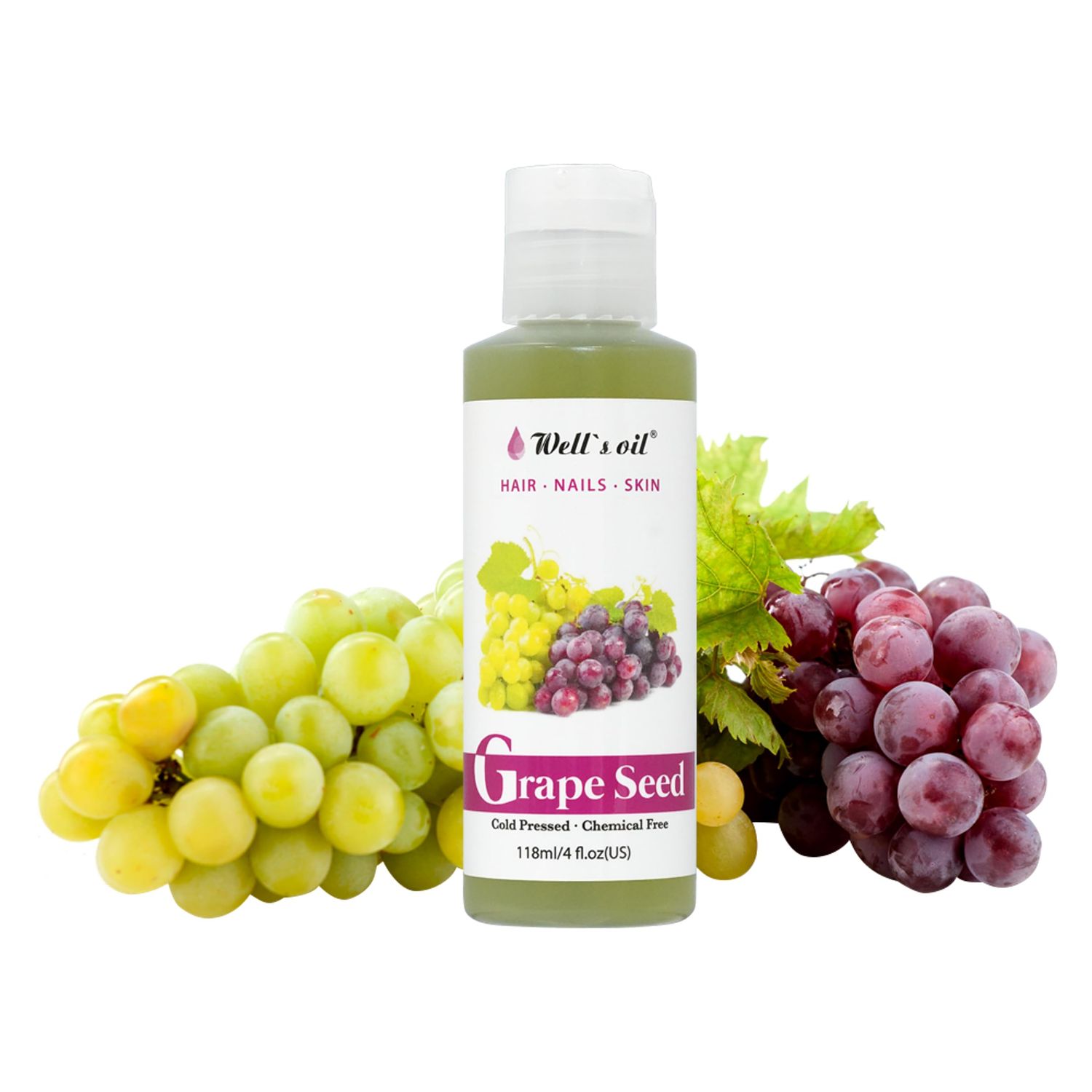 GRAPESEED OIL | 4oz (118ml) | All-Natural | For Hair, Skin &amp; Nails | Moisturizer for Sensitive Skin Types | Refined, Cold Pressed | by Well&#39;s Oil