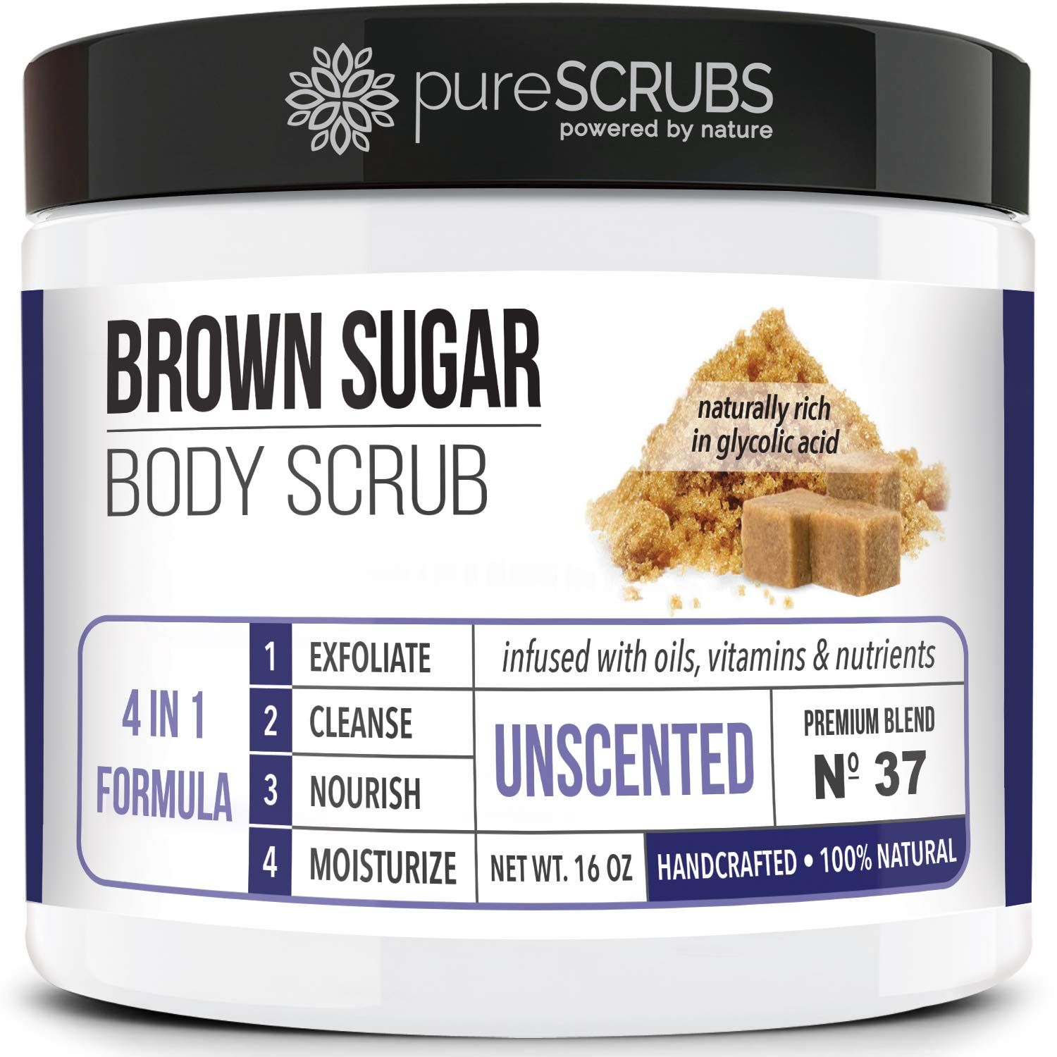 pureSCRUBS Premium Unscented Brown Sugar Body Scrub | Large 16oz Jar | Face, Feet &amp; Full Body Scrub | Includes Wooden Spoon, Loofah &amp; Mini Exfoliating Bar Soap