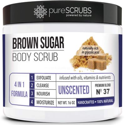 pureSCRUBS Premium Unscented Brown Sugar Body Scrub | Large 16oz Jar | Face, Feet &amp; Full Body Scrub | Includes Wooden Spoon, Loofah &amp; Mini Exfoliating Bar Soap
