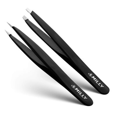 By MILLY Precision Tweezers Set | Slanted and Pointed Tip Tweezers Kit | High Carbon Stainless Steel | Aligned &amp; Hand-Filed Tweezer Set Professional | Hair Removal &amp; Eyebrow Tweezer Set | Black