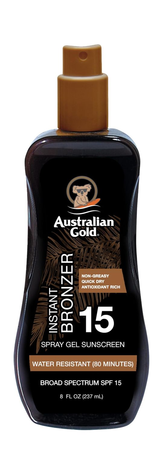 Australian Gold Spray Gel Sunscreen with Instant Bronzer SPF 15, 8 Ounce | Moisturize &amp; Hydrate Skin | Broad Spectrum | Water Resistant | Non-Greasy | Oxybenzone Free | Cruelty Free