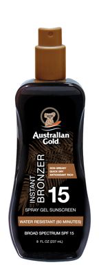 Australian Gold Spray Gel Sunscreen with Instant Bronzer SPF 15, 8 Ounce | Moisturize &amp; Hydrate Skin | Broad Spectrum | Water Resistant | Non-Greasy | Oxybenzone Free | Cruelty Free