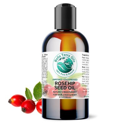 Bella Terra Oils - Organic Rosehip Facial Oil 8 oz - Dive into Organic Rosehip&#39;s Essential Fatty Acids &amp; Antioxidants, Infused with Vitamin F, Elevate Daily Face Rituals
